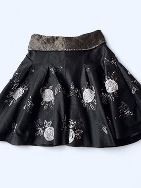 Tibi Black Silk Floral Rosette Sequin Beaded A-Line Skirt Size 10
